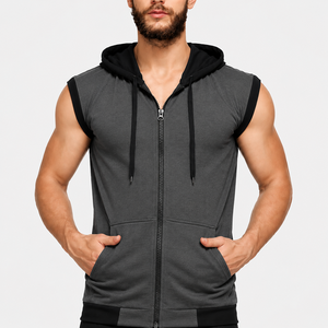 Men Sleeveless Gym Hoodie Full <b>Zip</b> <b>Hooded</b> Workout Vest OEM Lightweight Breathable Quick Dry Fitness Training 100% Cotton Slim - Product Image 3