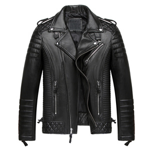 Chaqueta de piel de oveja auténtica Black Sheep, tejida, sólida, transpirable, con cuello mandarín, para hombre, con cremallera regular, estilo motociclista. - Product Image 1