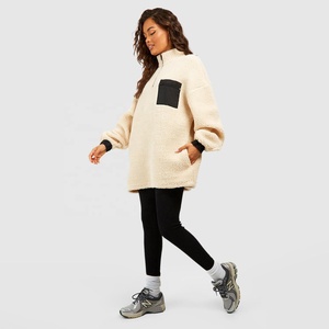 Custom Women's Winter Oversized <b>Stand</b> Collar Fleece Pullover Hoodie Plus Size Solid Cream Long Sleeve Teddy Sherpa Sweatshirt - Product Image 6