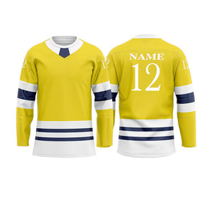 Maillot de hockey sur glace personnalisé jaune, blanc et bleu rayé, col en V, manches longues, polyester anti-humidité, vêtements de sport pour hommes adultes - Product Image 1