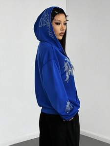 Sweat-shirt pour femme bleu marine orné de strass anglais, style streetwear - Product Image 3