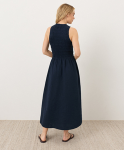 Robe smockée pour femme, longueur midi, de haute qualité, en gaze double biologique, avec col rond et poches - Product Image 4