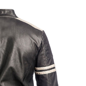 Blouson de moto en cuir véritable noir pour homme, style motard, col montant, fermeture éclair, coupe classique, pour l'automne - Product Image 5