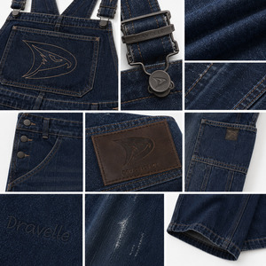 Salopette cargo en jean indigo délavé, coupe ample, style hip-hop urbain, avec broderie de marque - Product Image 4