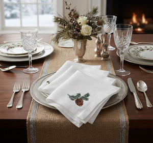 High Quality Linen Table Napkin Custom Wholesale Embroidery <b>Pinecone</b> Christmas Design Disposable for Home Hotel Events - Product Image 1