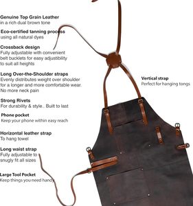 Hot Sale <b>Working</b> <b>Apron</b> With Adjustable Cross Back Leather Straps Wholesale Leather <b>Aprons</b> With 2 Large Pockets And Towel Strap - Product Image 2