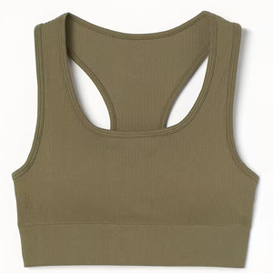 Soutien-gorge de sport côtelé vert olive pour femme, maintien moyen, respirant et extensible, idéal pour le yoga, le fitness et l'entraînement - Product Image 4