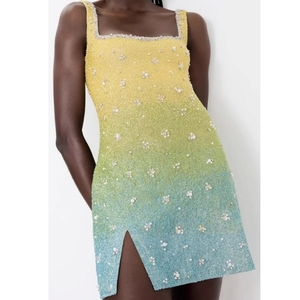 Ombre Seed Bead Pearl Embroidered Mini Dress Yellow Blue Rayon Fabric Side Slit Party Outfit Sleeveless Neck Summer Apparel - Product Image 1