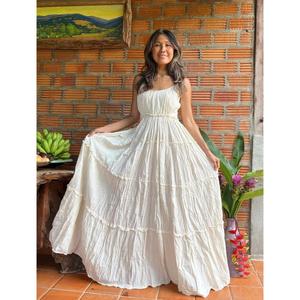 High Quality Custom White Knitted Organic Cotton Long Dress Spaghetti Strap V-neck Smocked Back Tiered Ruffle <b>Boho</b> Beach - Product Image 1