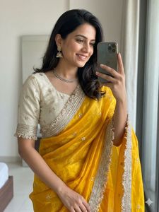 Sari en soie satinée PURE SOFT FANDY pour femmes avec broderie et travail Zari, séchage rapide, toutes saisons - Product Image 5