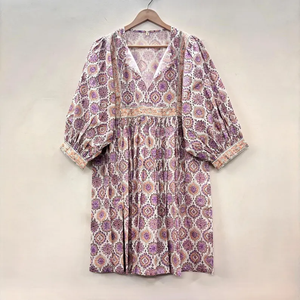 Vestido Midi Casual para Mujer, 100% Algodón Tejido, Estampado Floral Liso/Sólido, Detalles Estructurales, Cuello en V, Oversize, Manga Corta, Estilo Imperio - Product Image 1