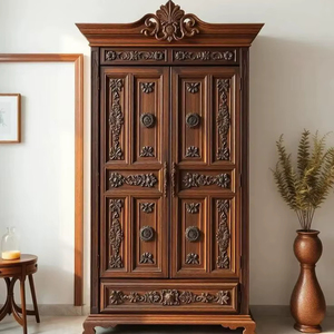 Luxury Handcrafted Solid Wood 2 Door <b>Wardrobe</b> Ornate Botanical Carving Premium Dark Walnut Armoire - Product Image 1