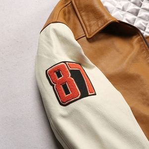 Blouson aviateur vintage en cuir pour homme avec logo R brodé et motifs de patchs, col rabattable, fermeture éclair - Product Image 5
