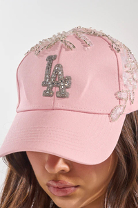 Gorra de béisbol rosa con logo LA de diamantes de imitación, bordado de lentejuelas, ajustable, de 6 paneles, para mujer, a la moda, informal, primavera, verano - Product Image 1