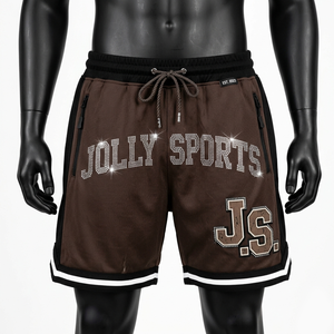 Mens Basketball Shorts 180 GSM Premium Polyester <b>Mesh</b> Brown Black Side Panel Rhinestone Heat Transfer Custom Logo men's shorts - Product Image 1