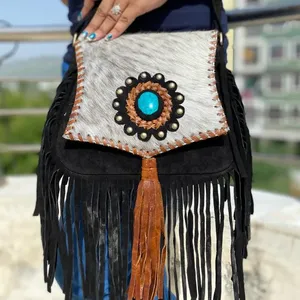 2025 peau de vache fourrure bohème femmes en cuir frangé Turquoise pierre sac à bandoulière réglable bandoulière Design Unique attrayant - Product Image 3
