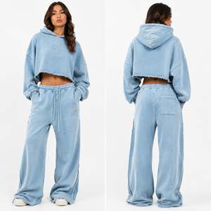 Survêtement à capuche ONE APEX pour femme, coupe courte, séchage rapide, délavé à l'acide, effet usé, bleu ciel, en molleton épais, jambe large - Product Image 2