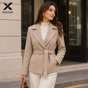 Parka Courte Élégante en Laine pour Femme X, Noir/Gris Foncé/Gris Clair/Kaki, Col Rabattu, Ceinturée, Tenue Formelle d'Hiver, Teinture Unie - Product Image 5
