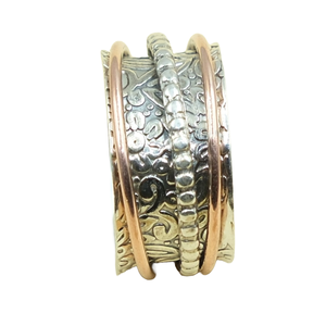 Bague tournante artisanale en argent sterling 925 et cuivre, large, pour la méditation et la réflexion, motif floral sculpté vintage, bijou - Product Image 1