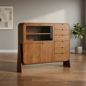 Buffet en bois massif de style mid-century modern avec portes vitrées et tiroirs, meuble de rangement pour salon - Product Image 2