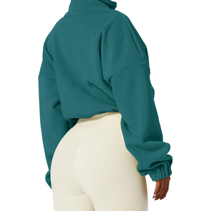 Women's <b>Teal</b> Fleece Zip-Up Crop Sweatshirt Oversized Stand Collar Drop-Shoulder Full Sleeve Autumn Wear Solid Color Unlined - Product Image 5