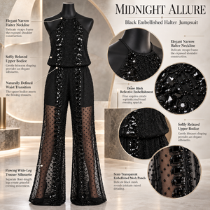 Glamuroso Mono con Cuello Halter, Adornos de Lentejuelas Negras y Paneles Transparentes de Pierna Ancha |   Conjunto de Fiesta sin Mangas para la Noche - Product Image 5