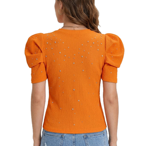 <b>Bubble</b> Short Sleeve Fashion Rhinestone Embellished Custom women's shirt Cotton Stretch Solid Crop T-Shirt Elegant Spring Summer - Product Image 2