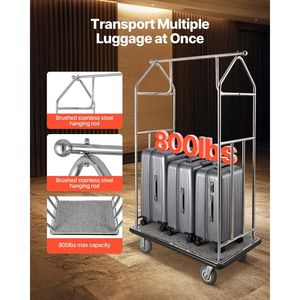 Carrello per Bagagli da Hotel Modello D0100X3GXH2 con Capacità di 800 LBS, Finitura in Acciaio Inox Spazzolato, Portabagagli Resistente - Product Image 2