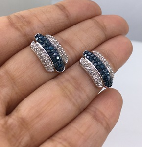 1.06 Cttw White & Blue Diamond <b>Stud</b> Earrings 925 Sterling <b>Silver</b>, Round & Baguette Cut Natural & Color-Enhanced Diamond Earrings - Product Image 3
