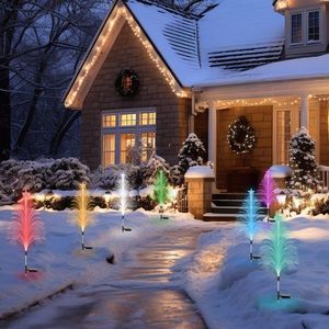 7 Color Solar Christmas Tree Stake Lights (4 Pack) IP44 Waterproof Outdoor Decor with Lifelike Fiber Optic Cedar Design Star - Product Image 1