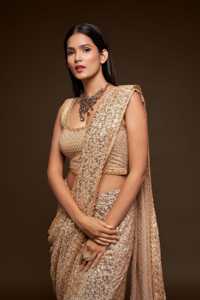 Sari de Georgette con Lentejuelas Doradas y Bordados, Estilo Indio Tradicional de Lujo para Fiestas y Eventos Nocturnos - Product Image 2