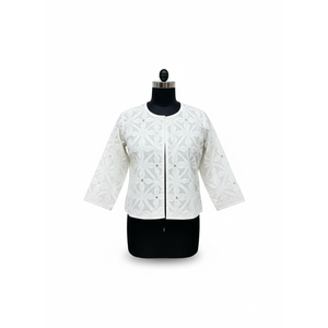 Chaqueta Blanca de Algodón Bordada para Mujer, con Ojales Florales, Manga 3/4, Ligera, Informal, de Verano, para Dama - Product Image 1