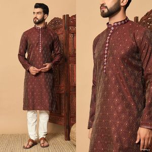 ATRACTIVE SEDA JACQUARD BORDADO PATTI y FANCY BUTTON WORK MENS KURTA PIJAMA BROW Achkan Bandhgala Sherwani - Product Image 1