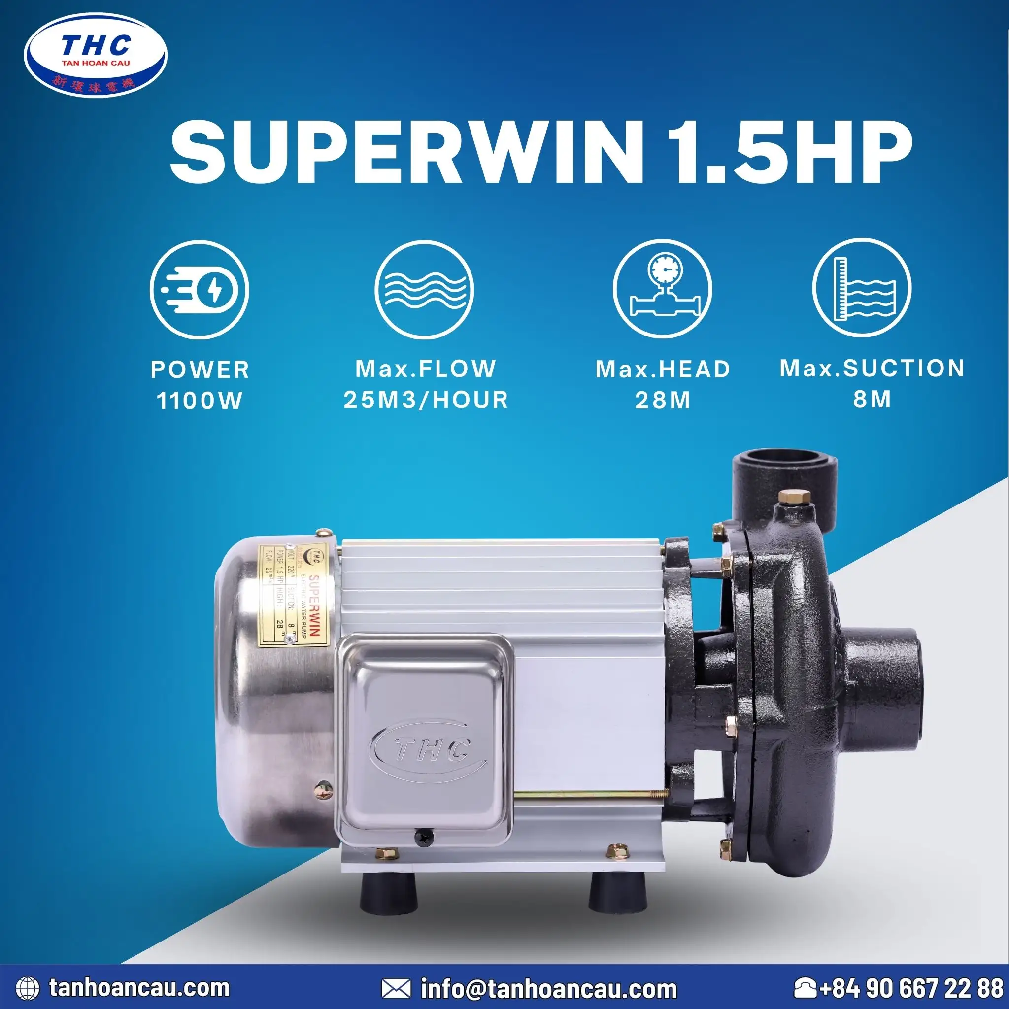 100% Copper Wire Motor 2 Years Warranty Electric Centrifugal Pump Superwin High Pressure Water Pump 1.5HP