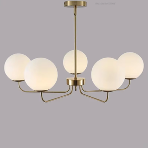 Elegant Mid Century <b>Modern</b> 5 <b>Light</b> Brass Sputnik Linear Chandelier Frosted Metal Globe Shades <b>LED</b> Dimmable <b>Ceiling</b> Pendant <b>Light</b> - Product Image 2