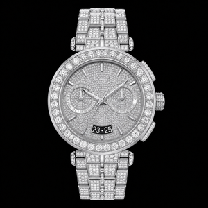 Montre chronographe en argent sertie de pierres, avec double affichage de la date, bracelet de luxe pour homme, montre-bracelet tendance - Product Image 2