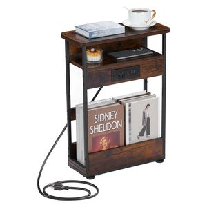 <b>Narrow</b> <b>Side</b> <b>Table</b> with Charging Station 3-Tier Slim End <b>Table</b> for Small Spaces 21.6" Tall Apartment-Friendly Storage Shelf - Product Image 1