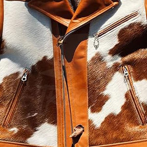 Afernon Industry Men's <b>Brown</b> Genuine <b>Leather</b> Bomber <b>Jacket</b> Cowhide Patchwork Turn-down Collar Breathable Slim Fit Zipper Closure - Product Image 4