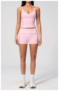 2026 Pink Seamless Yoga Set <b>Crop</b> <b>Top</b> High Waist Shorts Halter Neck Contrast Stitch Breathable Spandex Polyester 2 Piece - Product Image 2