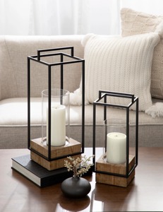 Juego de 2 Portavelas de Madera y Metal Negro Estilo Moderno Rústico Industrial, Portavelas de Cristal Tipo Huracán - Product Image 5