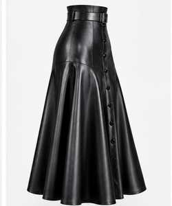 <b>Women's</b> High Black Waist <b>Leather</b> A-Line Midi <b>Skirt</b> With Button Front And Belt - Product Image 5