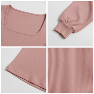 Haut côtelé à col carré et manches longues pour femme, coupe ajustée, extensible, respirant, en maille douce, tendance, vente en gros - Product Image 5