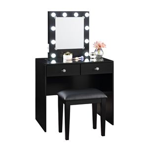 Ensemble de vanité et tabouret de maquillage noir de luxe avec port USB 10 lumières et prise de courant 2x tiroirs meubles de style élégant - Product Image 5