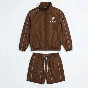 Trendy <b>Men's</b> Two Piece Lightweight Nylon Sportswear Set Brown Windbreaker <b>Jacket</b> and Shorts for <b>Summer</b> Outdoor Running Fitness - Product Image 3