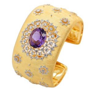 Bracelet jonc luxueux fait main en argent sterling 925 avec améthyste naturelle, artisanat italien antique - Product Image 1