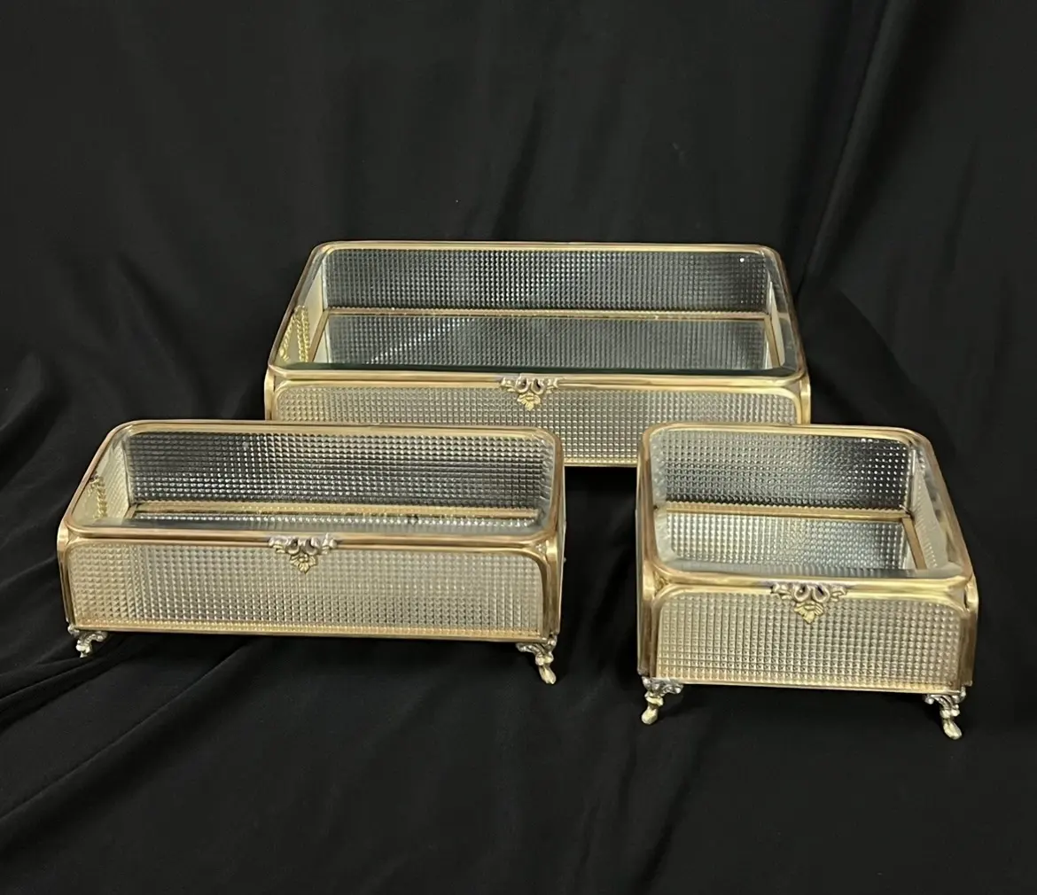 Modern Luxury Gold Metal Rim Glass Jewelry Storage Box Organizer Different Sizes Glass Decorative Jewellery Boxes