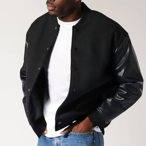 Chaqueta Varsity Negra para Hombre, Cuello Alto, Impermeable, Color Sólido, Cierre de Botones, Ropa Casual de Invierno, Corte Regular - Product Image 4