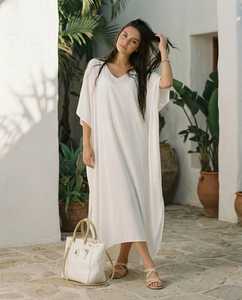 Vestido Kaftán de Lino Blanco, Vestido Midi de Lino Oversize, Vestido Minimalista para Resort, Vestido Holgado de Lino para Verano, Cubrebaño de Playa para Mujer - Product Image 3