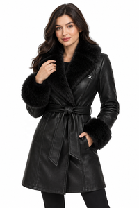 Women's Genuine Leather Faux Fur Trim <b>Coat</b> | Ivory Black <b>Burgundy</b>| OEM ODM Manufacturer | Premium Quality Design | Leather Wear - Product Image 6