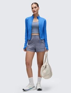 Top Corto Azul para Mujer, Manga Larga, Cuello Alto, Transpirable, Poliéster, Deportivo, Color Sólido, Corte Ajustado, Diseño Pullover - Product Image 1
